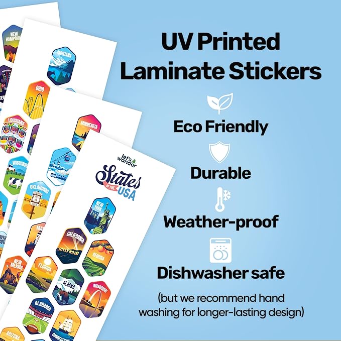 LET'S WANDER 50 States Water Bottle with Waterproof Stickers - 32oz Leakproof Insulated Stainless Steel with Straw - States of the USA Gift Bottle (Black)