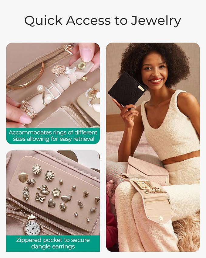 BAGSMART Travel Jewelry Organizer Case Foldable Jewelry Roll for Journey Rings, Necklaces, Earrings, Bracelets,Mini,Beige