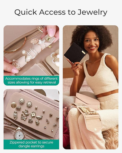 BAGSMART Travel Jewelry Organizer Case Foldable Jewelry Roll for Journey Rings, Necklaces, Earrings, Bracelets,Mini,Beige