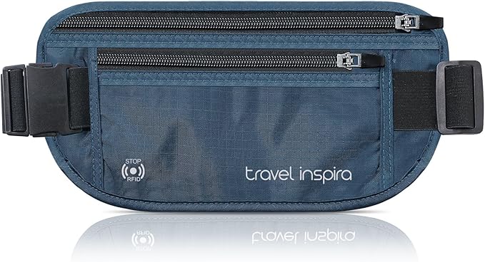 travel inspira Travel Money Belt with Slim Anti-Theft RFID Blocking Passport Holder for Travel Concealed under Clothes for Ultimate Protection of Credit Cards, Cash, Passport & Documents, Navy Blue