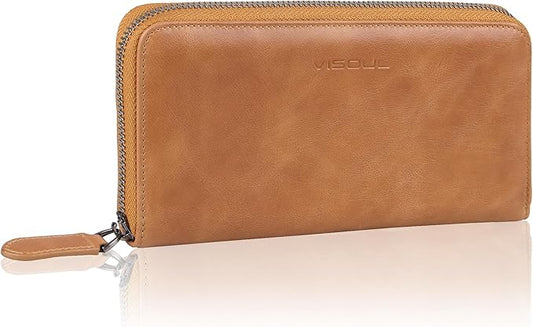 VISOUL Leather Long Zipper Pouch Wallet for Men and Women with RFID Blocking, Large Clutch Cash Long Wallet with Zipper (Tan)