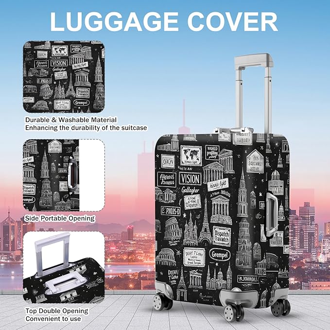 ANNA QUEEN Landmarks Travel Luggage Cover, Black & White City Monuments Design, Stretchable, Washable Suitcase Protector for 20-34 Inch Luggage