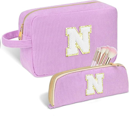 Personalized Initial Makeup Bag Trendy Stuff Corduroy Cosmetic Bag Travel Toiletry Bag for Women, Christmas/Thanksgiving/Halloween Gifts Makeup Organizer Case for Teen Girls Mom Girlfriend Wife.