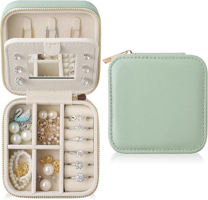 Genuine Leather Travel Jewelry Organizer Case with Mirror for Women, Small Mini Portable Jewelry Box for Earring, Ring, Necklace, Bracelet（Mint Green）