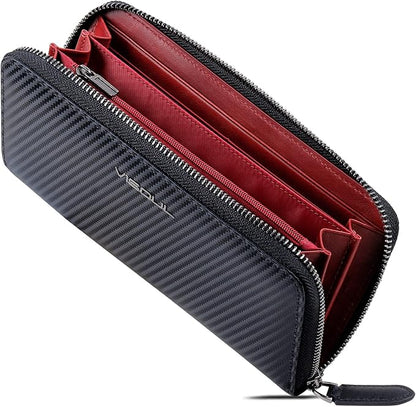 VISOUL Leather Long Zippered Pouch Wallet for Men with RFID Blocking Two-tone, Large Carbon Fiber Leather Clutch Cash Long Wallet with Zipper (Black+Burgundy)