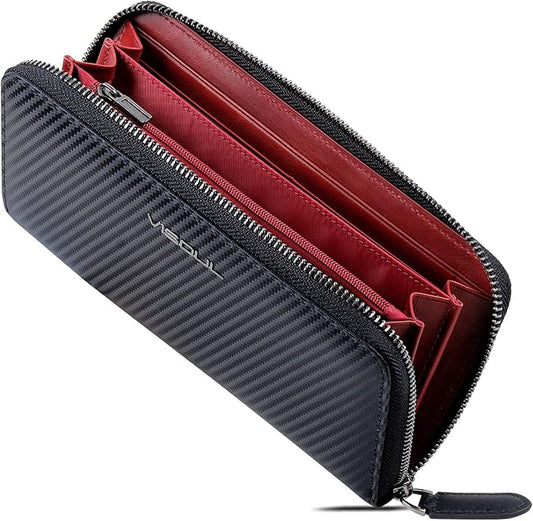 VISOUL Leather Long Zippered Pouch Wallet for Men with RFID Blocking Two-tone, Large Carbon Fiber Leather Clutch Cash Long Wallet with Zipper (Black+Burgundy)