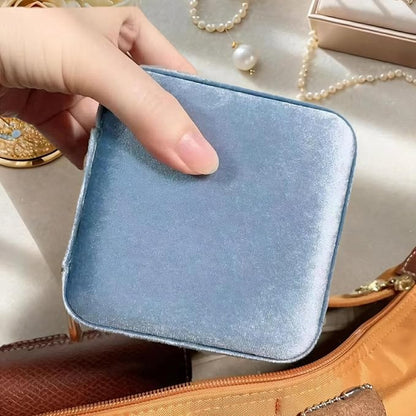 Velvet Jewelry Box, Small Travel Jewelry Organizer, Portable Jewelry Case for Women with Mirror, Sky Blue Mini Plush Travel Box