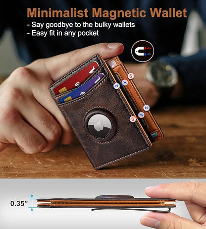 Airtag Wallet for Men- with Money Clip Gift Boxed, Magnetic Closure Slim Genuine Leather Front Pocket Wallet, 4.1"x 2.8", RFID Blocking