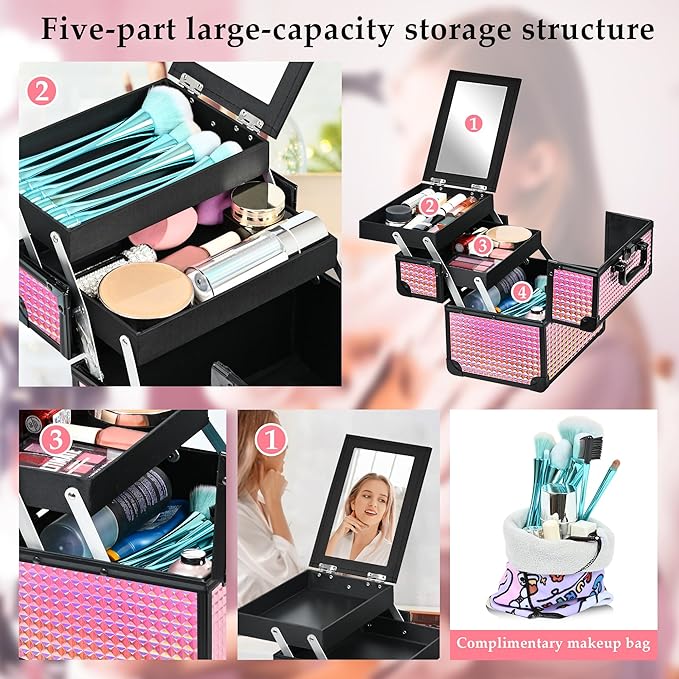 Makeup Case Organizer,Makeup Train Case, Trays Cosmetic Box Portable, Profesional for Salon Barber,Black Bright Pink