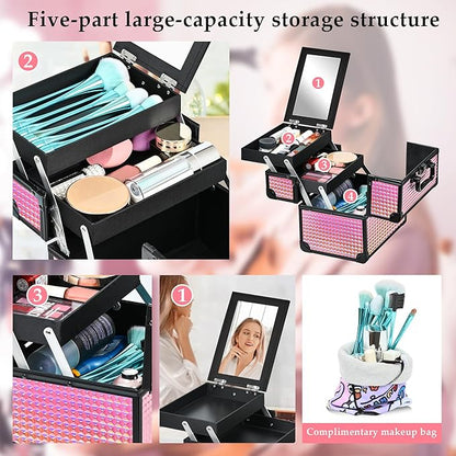 Makeup Case Organizer,Makeup Train Case, Trays Cosmetic Box Portable, Profesional for Salon Barber,Black Bright Pink