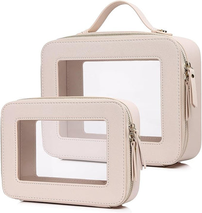 Pinkmik Clear Makeup Bag for Women Waterproof Travel Cosmetics and Toiletries Case Portable Makeup Oaganizer Bag Clear Car Bag with Zipper (Beige, M+L)
