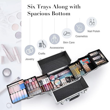 FRENESSA Makeup Case Cosmetic Train Case Organizer 11.8 Inch Large Makeup Box Travel Storage Make Up Train Carrying Case with 6 Trays Locking Hard Vanity Storage Glitter Silver
