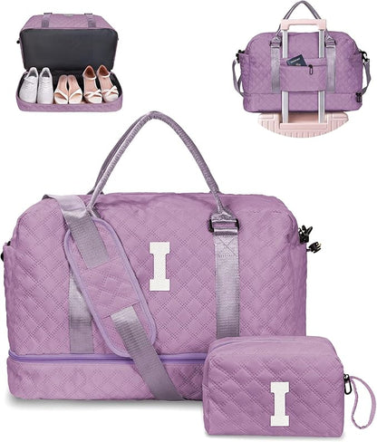 Gifts for Friends-Initial Duffle Bag with Shoe Compartment, Personalized Weekender Bag, Monogram Overnight Bag, Travel Bag with Makeup Bag，Birthday Gifts Bag for Daughter Sister (Letter I)