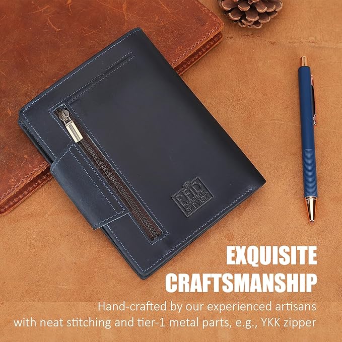 STAR VISTA Carmen Leather Passport Wallet, Dual Bifold Cash Pockets, RFID Blocking, ID Window, 6 Card Slots, Coin Pocket, SIM Slots, AirTag Slots, Navy Blue