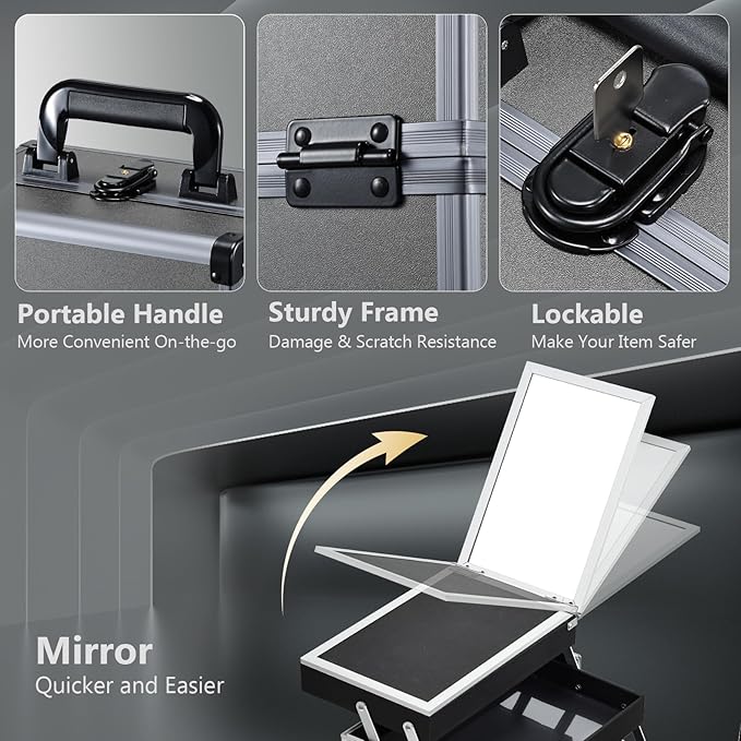 Joligrace Makeup Train Case Makeup Case Organizer Portable Cosmetic Box Storage with 2 Trays Mirror Locking with Keys Make Up Travel Case Nail Kits Traveling Makeup Box Iron Grey