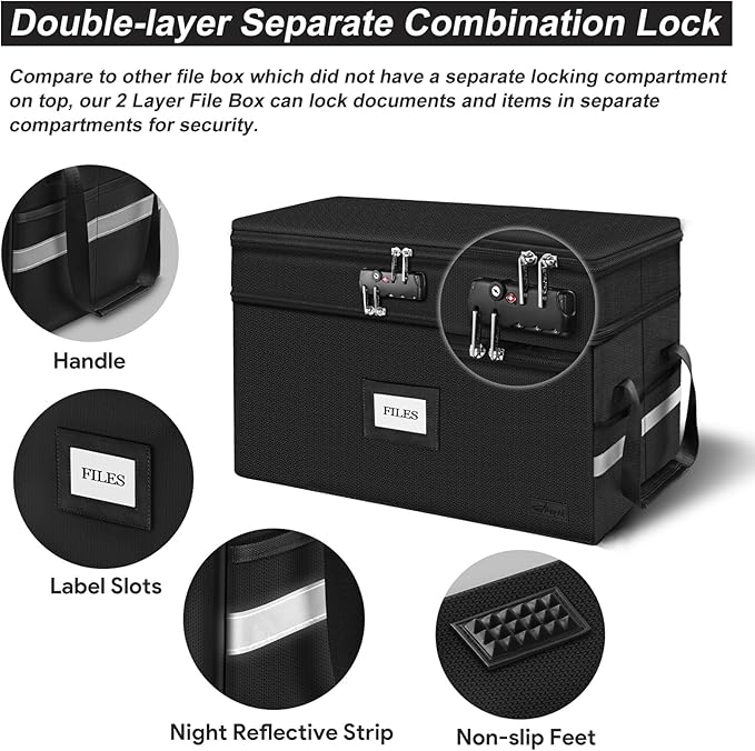 ETRONIK Large Fireproof Document Box with Lock, 2 Layer File Organizer, Portable Office Collapsible File Storage with Reflective Strip for Hanging Letters, Legal Size Folder, Certificate