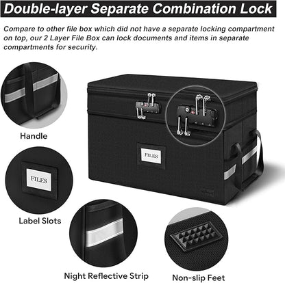 ETRONIK Large Fireproof Document Box with Lock, 2 Layer File Organizer, Portable Office Collapsible File Storage with Reflective Strip for Hanging Letters, Legal Size Folder, Certificate