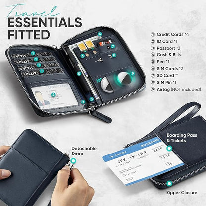 VULKIT Passport Holder for Travel with Airtag Slot, Premium Nappa Leather, RFID Blocking, Zipper Closure with Wrist Strap, Travel Document Organizer