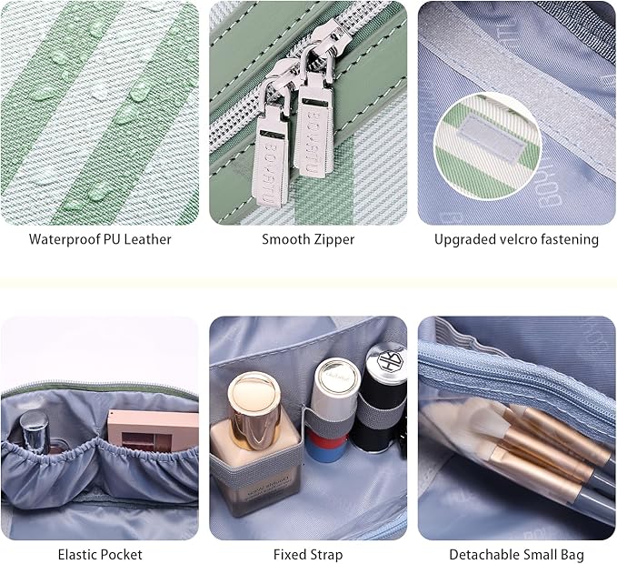 BOYATU Travel Makeup Bag for Women: Large Cosmetic Bag Set of 3 - PU Leather Make up Bag with Compartments - Compact Waterproof Toiletry Bag with Divider & Handle (B-3-Green)