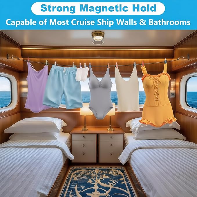 (Hook Magnet Upgrade) Magnetic Clothesline for Cruise Ship Cabin Approved, Rubber Coated Non-Scratch Strong Magnets, Ship Approved Clothesline for Cruise Ship Essentials 2025