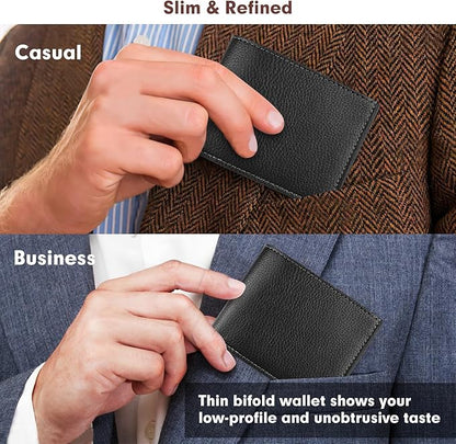 Genuine Leather Slim Bifold Wallet for Men, RFID Blocking Minimalist Design with ID Window and 6 Card Slots (Black)