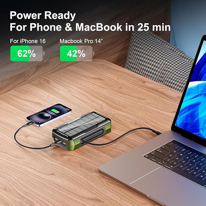 Solar Charger Power Bank 73200mAh, Portable Laptop Charger with 100W USB-C in/Output, Built-in Cables, Hand Crank Power Bank for Mobile Phones, Ideal for Outdoor Use with SOS/Strobe/Strong (green)