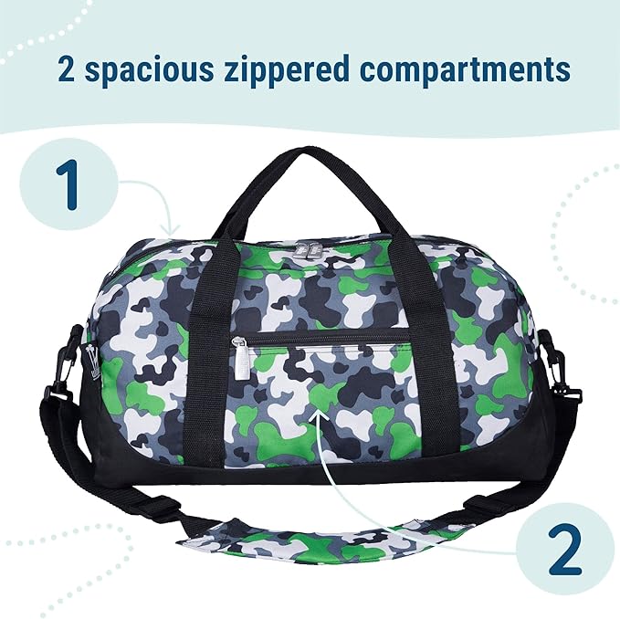 Wildkin Kids Overnighter Duffel Bag – Carry-On Size, Ideal for School & Sleepovers – Green Camo