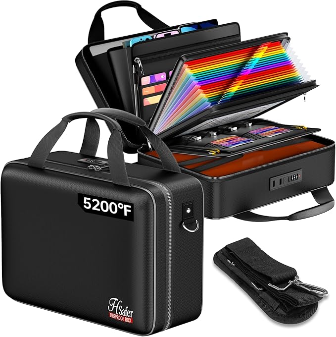 5200℉ Fireproof Document Box with lock, Hard-Shell Case File Organizer with 24 Pocket Accordion File Folder, Portable Safe Box with Shoulder Strap for Home Important Documents Laptop Black