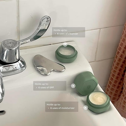 Cadence Travel Containers Basic Skincare Set - Magnetic Containers with Lids,Carry On Travel Essentials For Women/Men - 3 Small Capsules (0.56oz) - Cleanser, Moisturizer & Sun-Icon Labels - Eucalyptus