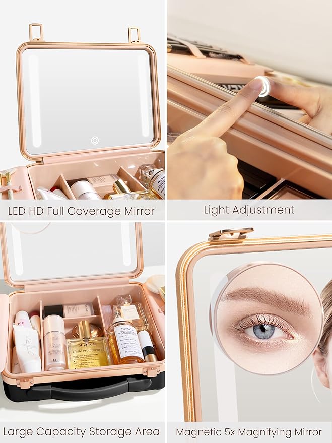 ROWNYEON Travel Makeup Case With Light Up Mirror Portable Train Case Organizer Make up Box for Girls Makeup Artist Hairstylist Casewith 5x Mirror Black