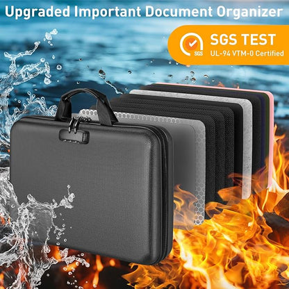 Fireproof Document Organizer with Lock, File Organizer Safe Box Fireproof Waterproof, Hard Shell Fire Proof Document Bag with 13 Pocket Accordion File Folders, Home Storage Office Organization