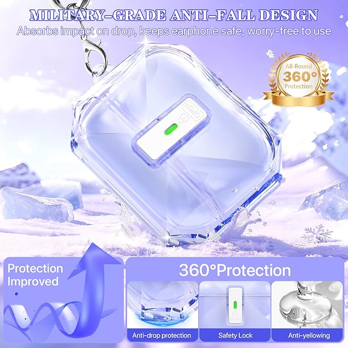 R-fun for AirPods Pro 3 Case (2025) Cover with Cleaning Kit, Military-Grade Shockproof Transparent Non-Yellowing, Auto Pop-Up Lid Design for AirPods Pro 3rd Generation Case, Clear Purple