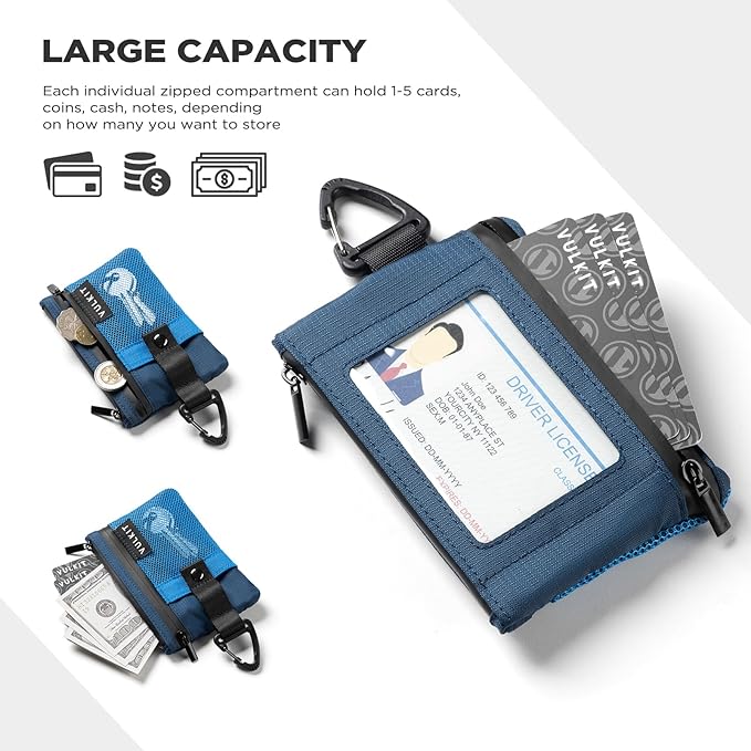 VULKIT Small RFID Wallet for Women & Men – Minimalist Zipper Wallet with ID Window, Keychain & Carabiner, Holds 15 Cards, Water Resistant Travel Lanyard Wallet Blue