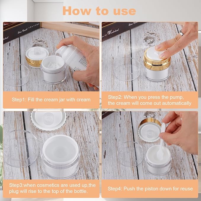 20 Pack Airless Pump Jars Set, 3.34/1.7/1/0.5/oz Refillable Travel Size Containers, Gold Travel Bottles Empty Lotion Container, Glass Jars for Toiletries Moisturizer Container