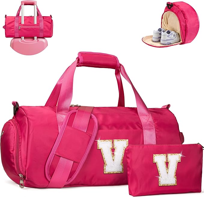 Teen Girl Gifts, Girls Travel Duffel Bag, Kids Initial Overnight Bags with Shoe Compartment, Customized Sport Gym Weekender Bag with Makeup Pouch, Birthday Gift for Kid (Letter V)