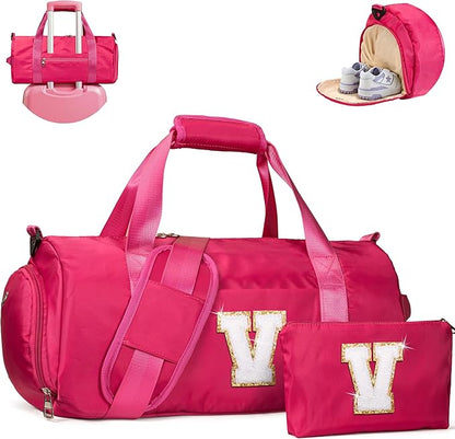 Teen Girl Gifts, Girls Travel Duffel Bag, Kids Initial Overnight Bags with Shoe Compartment, Customized Sport Gym Weekender Bag with Makeup Pouch, Birthday Gift for Kid (Letter V)