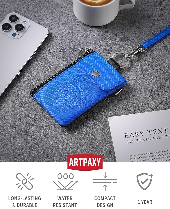 Minimalist Wallet For Mens Womens, Keychain RFID Blocking Zipper Small Wallet with ID Window 2 Lanyards,Water Resistant Travel Cash Card Coin Case Boys Girls