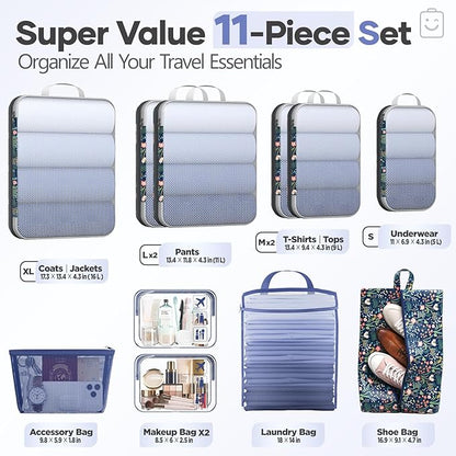 Veken 11 Set Compression Packing Cubes for Travel Essentials,Compressible Expandable Large Luggage Suitcase Organizer Bags for Clothing,Durable Space Saver Storage Bags(Dark Blue Floral)