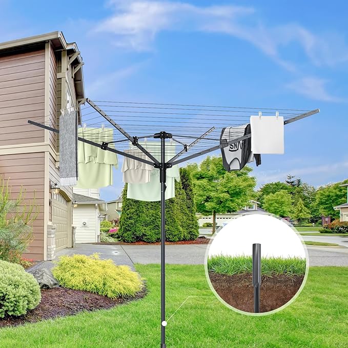 Outdoor Umbrella Clothes Drying Rack,Rotary Clothesline Adjustable Height Drying Rack Clothing 4 Arms 12 Lines with 165 Feet Drying Space,Steel Frame Laundry Drying Rack with Ground Spike for Backyard
