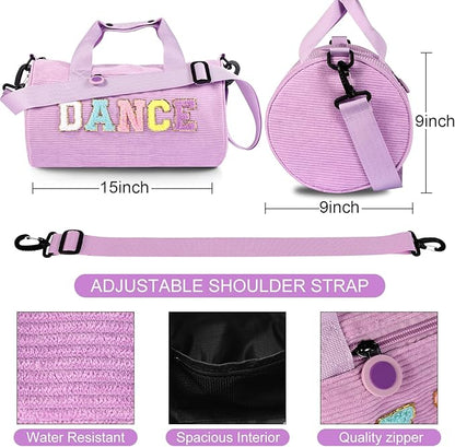 Dance Ballet Bag for Girls Sport Gym Duffle Bags Overnight Travel Bags Fun Dance Corduroy Chenille Letter Bag for Dancers (Purple)
