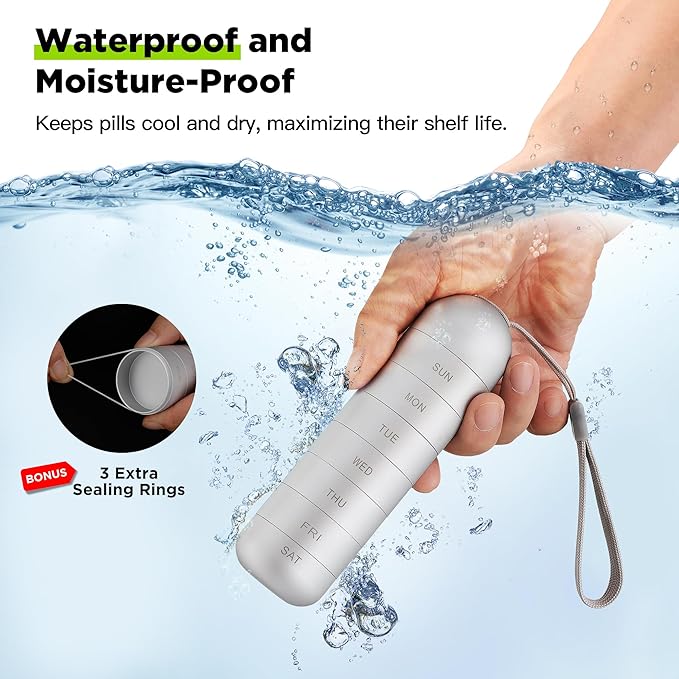 Zannaki Metal Moisture Proof Weekly Pill Organizer, Stackable Aluminum Alloy BPA Free Travel Hiking 7 Day Pill Box Case Waterproof and Large Compartment to Hold Pills, Vitamins, Fish Oil, Supplements