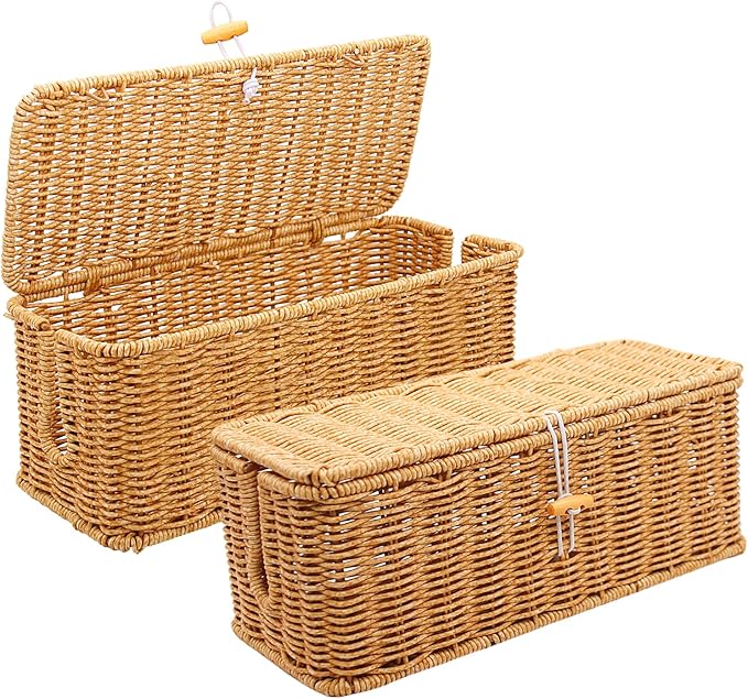 2PCS Cable Management Box, Handmade Rattan Cable Organizer, Open Slots Cords Hider Box Cord Basket Under Desk Cord Organizer for Computer Router USB Hub & Power Strip