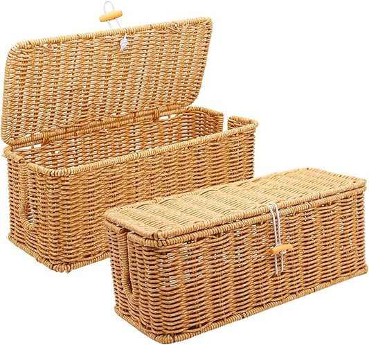 2PCS Cable Management Box, Handmade Rattan Cable Organizer, Open Slots Cords Hider Box Cord Basket Under Desk Cord Organizer for Computer Router USB Hub & Power Strip