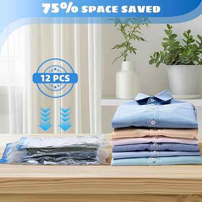 12PK Pump-Free Compression Vacuum Bags for Travel, Roll-up Space Saver Storage Bags for Clothes (6 Large 16''x24'' + 6 Small 14''x 20'') Travel Essentials & Organizers