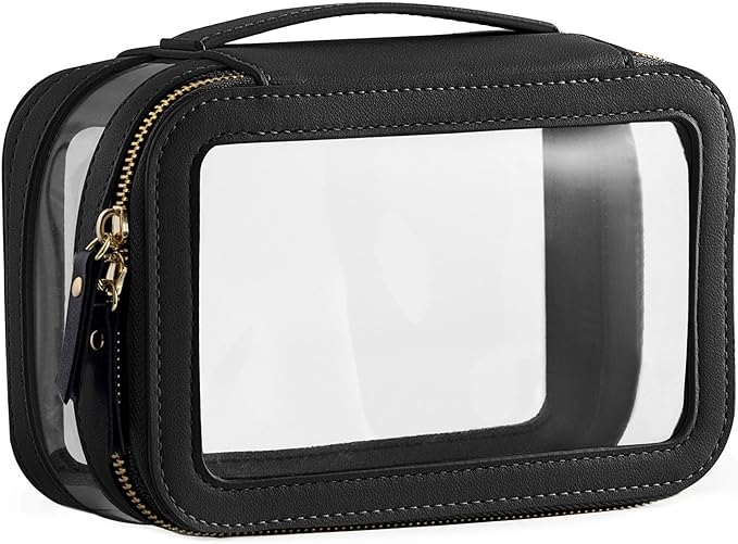HBlife Clear Makeup Organizer, Portable Travel Toiletry Cosmetic Case for Women, Medium Make Up Train Case Transparent Storage Pouch with Handle(Black)
