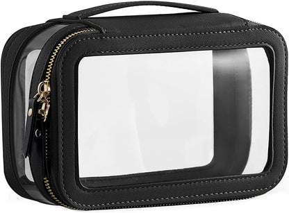 HBlife Clear Makeup Organizer, Portable Travel Toiletry Cosmetic Case for Women, Medium Make Up Train Case Transparent Storage Pouch with Handle(Black)