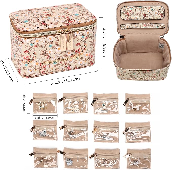 Angelina's Palace Jewelry Organizer Case Bridesmaid Gifts Travel Bag Vegan Leather Box for Necklace Earring Bracelet Ring(blossom tan)