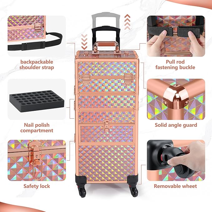 Makeup Train Case with Drawer, Rolling Makeup Case, Cosmetology Case on Wheels, Gift, Large Makeup Case Organizers, Professional for Salon Barber, Nail, Tattoo, Rose Gold