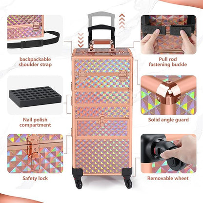 Makeup Train Case with Drawer, Rolling Makeup Case, Cosmetology Case on Wheels, Gift, Large Makeup Case Organizers, Professional for Salon Barber, Nail, Tattoo, Rose Gold