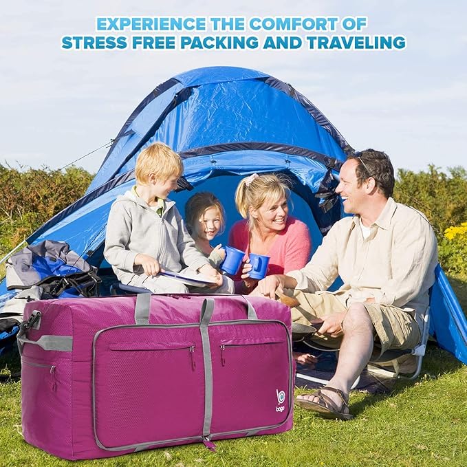 Bago Large Foldable Duffel Bags for Traveling Women & Men - 120L Packable Duffle Bag for Travel with Shoe Compartment - Water Repellant, Heavy Duty, Lightweight Folding & Collapsible (Pink)